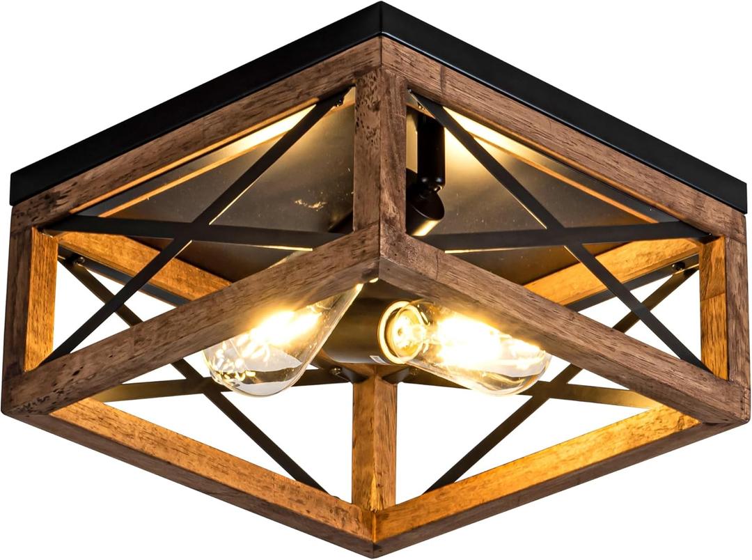 Rpzloila Flush Mount Ceiling Light Fixture for Kitchen Hallway, 2Light Close to Ceiling Light with Black Metal and Wood Design, Rustic Farmhouse Ceiling (Bulb not Included)