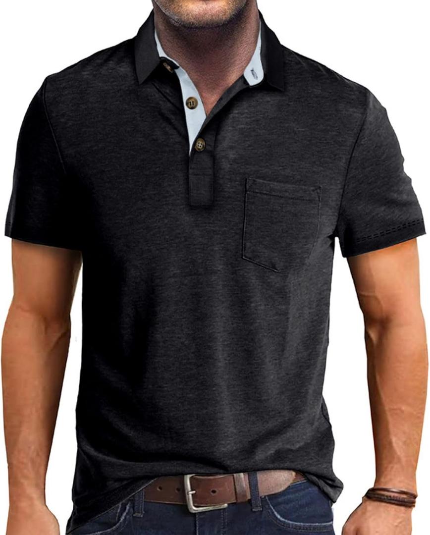 Men's Casual Polo Shirts Classic Button Basic Short Sleeve Shirt Solid Color Cotton Tees Golf Stylish Tops (Large, Black-ss)