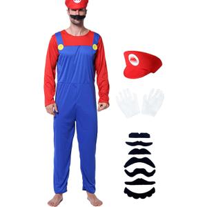Halloween Costume Adult Plumber Jumpsuit with Hat Gloves Moustache Costume Accessories Set (Blue, S)