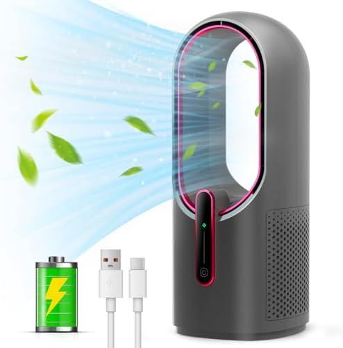 Misby Rechargeable Desk Fan,5000mAh USB Bladeless Table Fan of 11.8 Inch, Easy to Clean & Touch Control, Grey Desk Fans Small Quiet for Bedroom, Home, Office