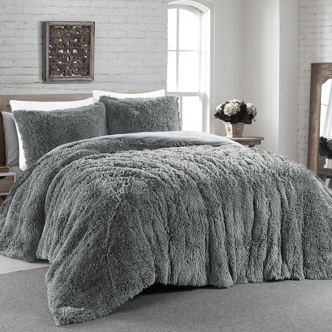 HOMBYS Oversized King Faux Fur Fluffy Comforter Set 120x120, 3 Piece Shaggy Plush Velvet Bedding Thick Comforter with Shams, Extra Soft and Warm,Light Grey