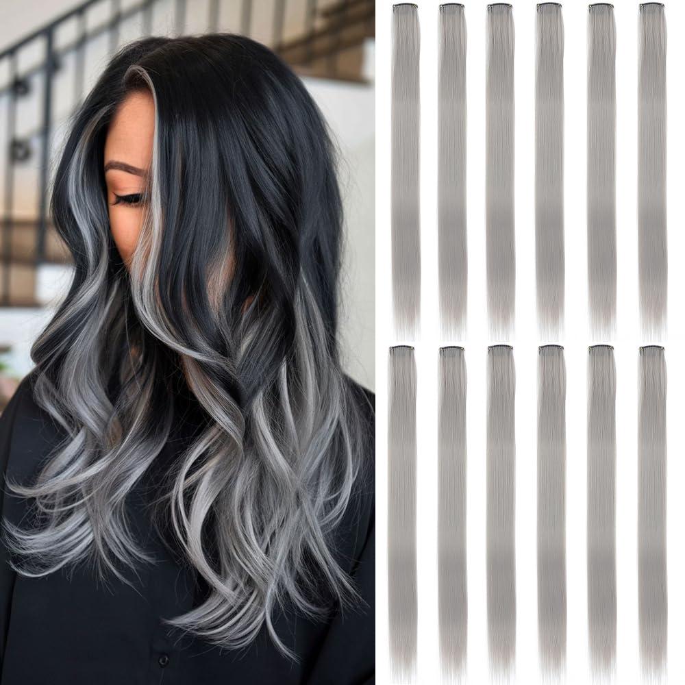 12 Pcs Grey hair extensions 22 Inch Straight colored hair colorful clip in extensions Highlight Party for Kids Girls and Women Gift (Grey,20)