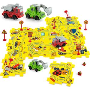 Plastic Puzzles for Kids Ages 3-5 with Toy Cars (Excavator + Dump Truck), Toddler Puzzle Track Car Play Set, Critical Thinking Educational Toys, Toys for 3 4 5 6 Year Old Boys Girls
