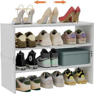 White Shoe Rack Organizer for Closet, 3-Tier Expandable Shoe Shelf, Stackable Iron Wood Combination Shoe Racks Shelves for Closets, Entryway,Small Space,Hallway,Garage,Holds 8-16 Pairs of Shoes