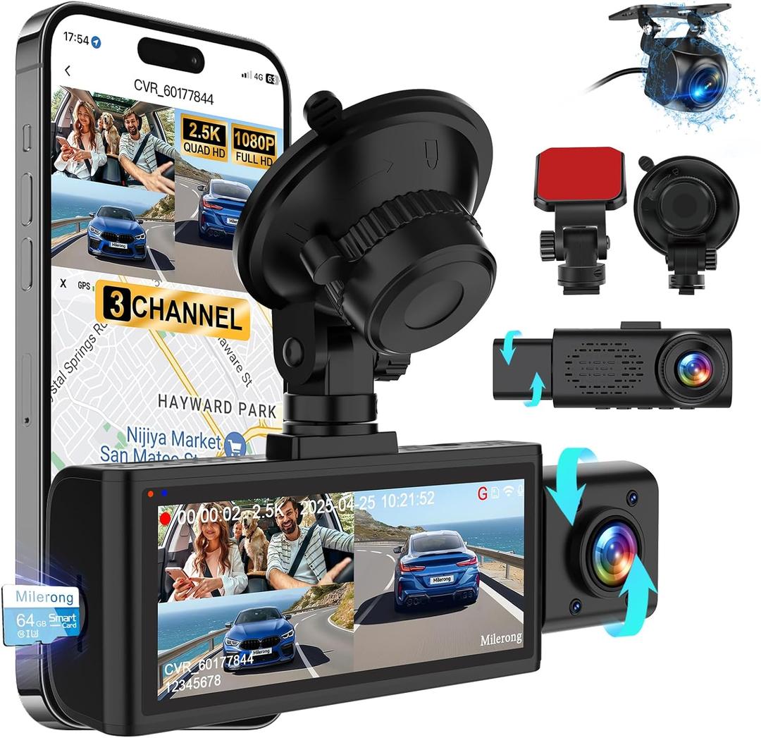 3 Channel 4K Dash Cam Front Rear and Inside with 5G WiFi & APP Control, 4K/2.5K+1080P+1080P Dashcam for Car, Dash Camera with 64GB Card, 24H Parking Monitor, Night Vision, Loop Recording, G-Sensor
