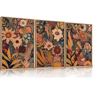 HOURIA Large Orange Flower Framed Canvas Wall Art Set,Boho Mid Century Modern Floral Botanical Wall Decor,Retro Vintage Blossom Artwork,Neutral Plant Art Print for Living Room,Bedroom,Office-16"x24"x3