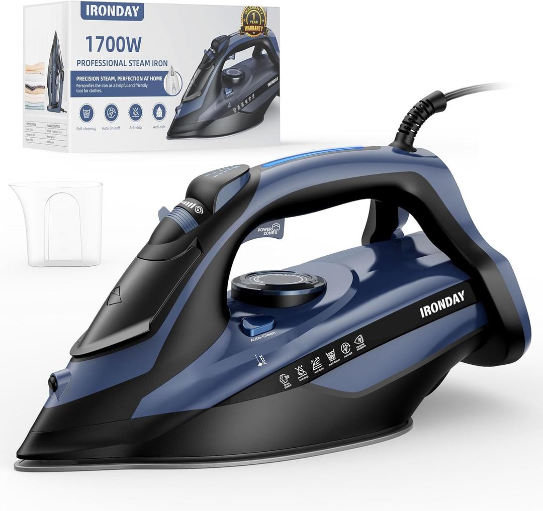 IRONDAY Steam Iron for Clothes 20s Fast Heating, 1700W Iron with 15.21oz Large Water Tank, 3-Way Auto shutoff, Burst Steam, Spray Mist, Anti-Drip, Self-Cleaning, Vertical Ironing for Home, Blue
