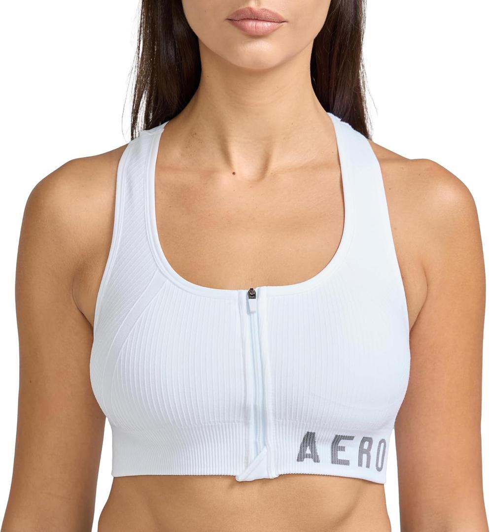 AEROPOSTALE Womens Performance Zip Up Sports Bra (Large, White Ribbed)
