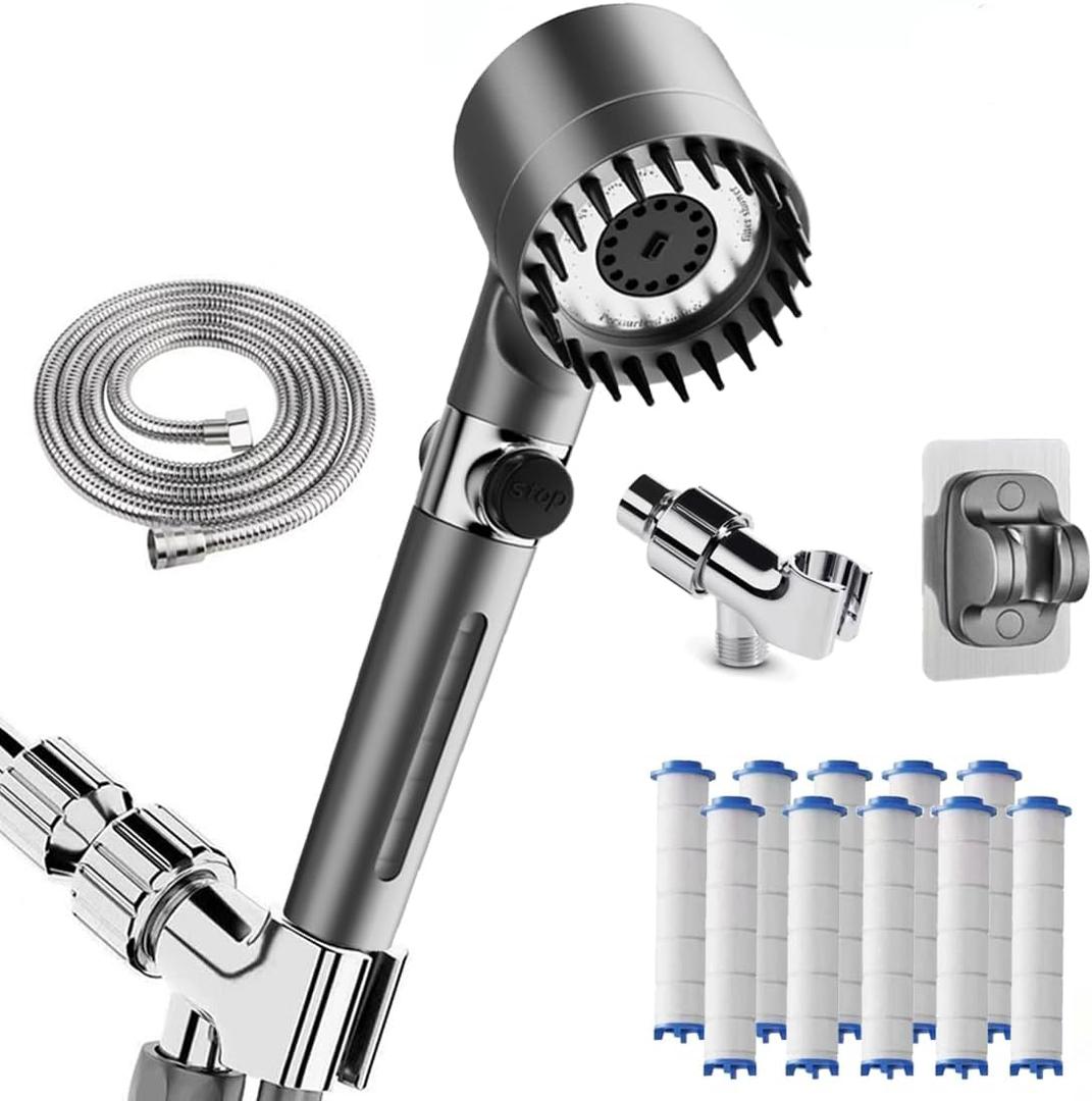 Filtered Shower Head with Handheld & High Pressure - Ion Drops Shower Head with 75" Stainless Hose for Hard Water | 3 Spray Modes Shower with 10 Replaceable Filters