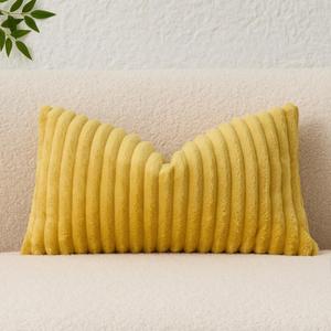 Kevin Textile Soft Plush 12x24 Inch Lumbar Pillow Cover 1 Pack, Luxury Fluffy Faux Fur Striped Flannel Rectangle Cushion Case for Couch Sofa Chair Bed Home Decor, Yellow