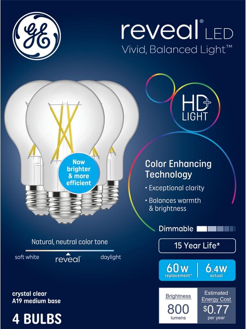 GE Reveal HD+ LED Light Bulbs, 60 Watt, A19 Bulbs (4 Pack)