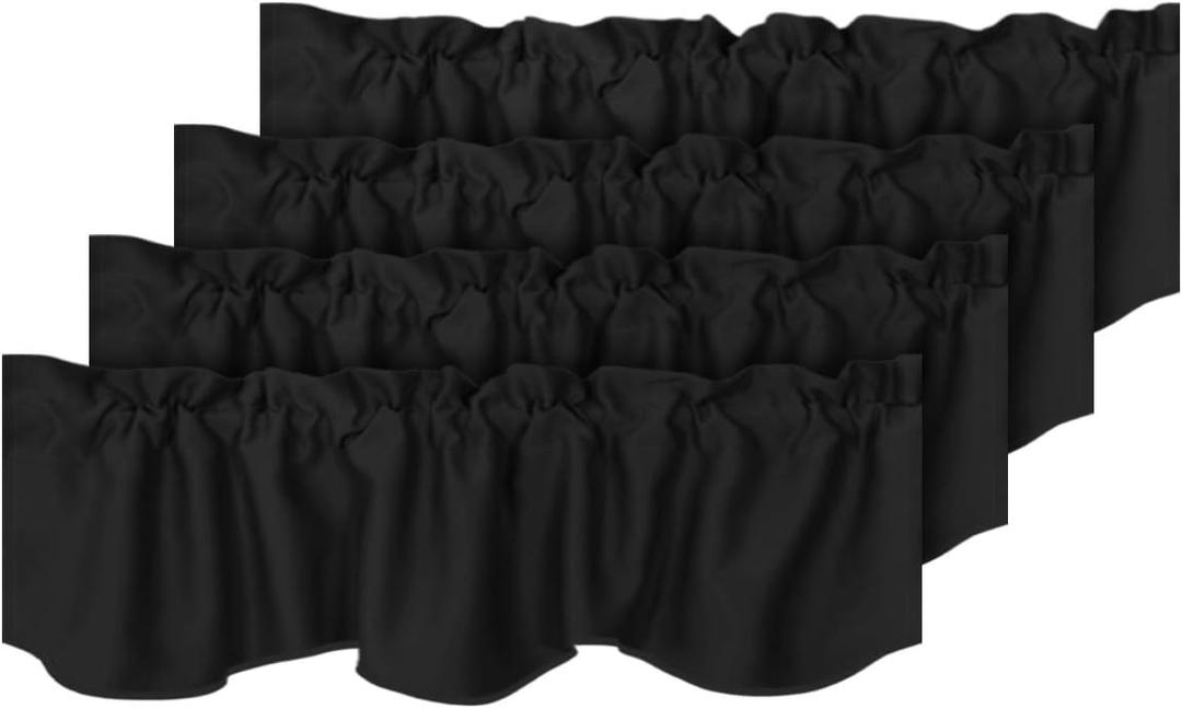 H.VERSAILTEX 4 Panels Blackout Curtain Valances for Kitchen Windows/Living Room/Bathroom Privacy Protection Rod Pocket Decoration Scalloped Window Valance Curtains, 52" W x 18" L, Black