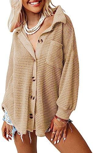 Dokotoo Womens Waffle Knit Shacket Jacket Casual Long Sleeve Button Down Shirts Dressy Blouses Tops M