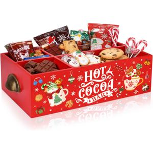 Christmas Hot Cocoa Bar Wood Station Organizer Countertop with 4 Compartment Cocoa Decorative Storage Bins Vintage Open Holder Box for Xmas Holiday Gift Party Home Supplies (Colorful Pattern)