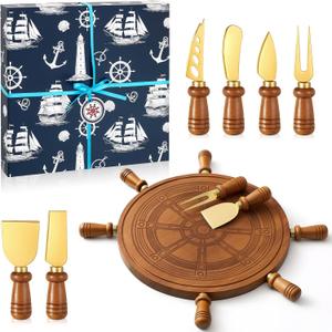 Ziliny Rudder Shaped Charcuterie Board Set Cutting and Cheese Board Wooden Platter with Knives and Forks Serving Trays Gift for Christmas Kitchen Food Fruit(Acacia)