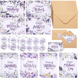 Epakh 24 sets Purple Flower Mother's Day Handmade Greeting Card Set with Envelope Round Sticker for Women's Birthday Celebration Party Mother's Day Wedding Valentine Supplies