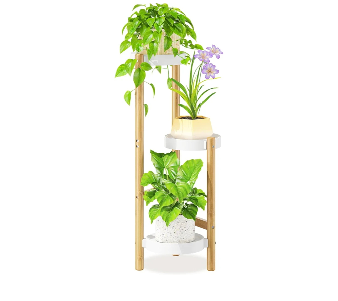 LASZOLA Bamboo White 3 Tier Heavy Duty Plant Stand Indoor, Tall Multiple Level Vertical Planter Rack for Modern Narrow Corner, Slim Spiral Flower Holder Organizer Display for House Decor, Plastic Tray