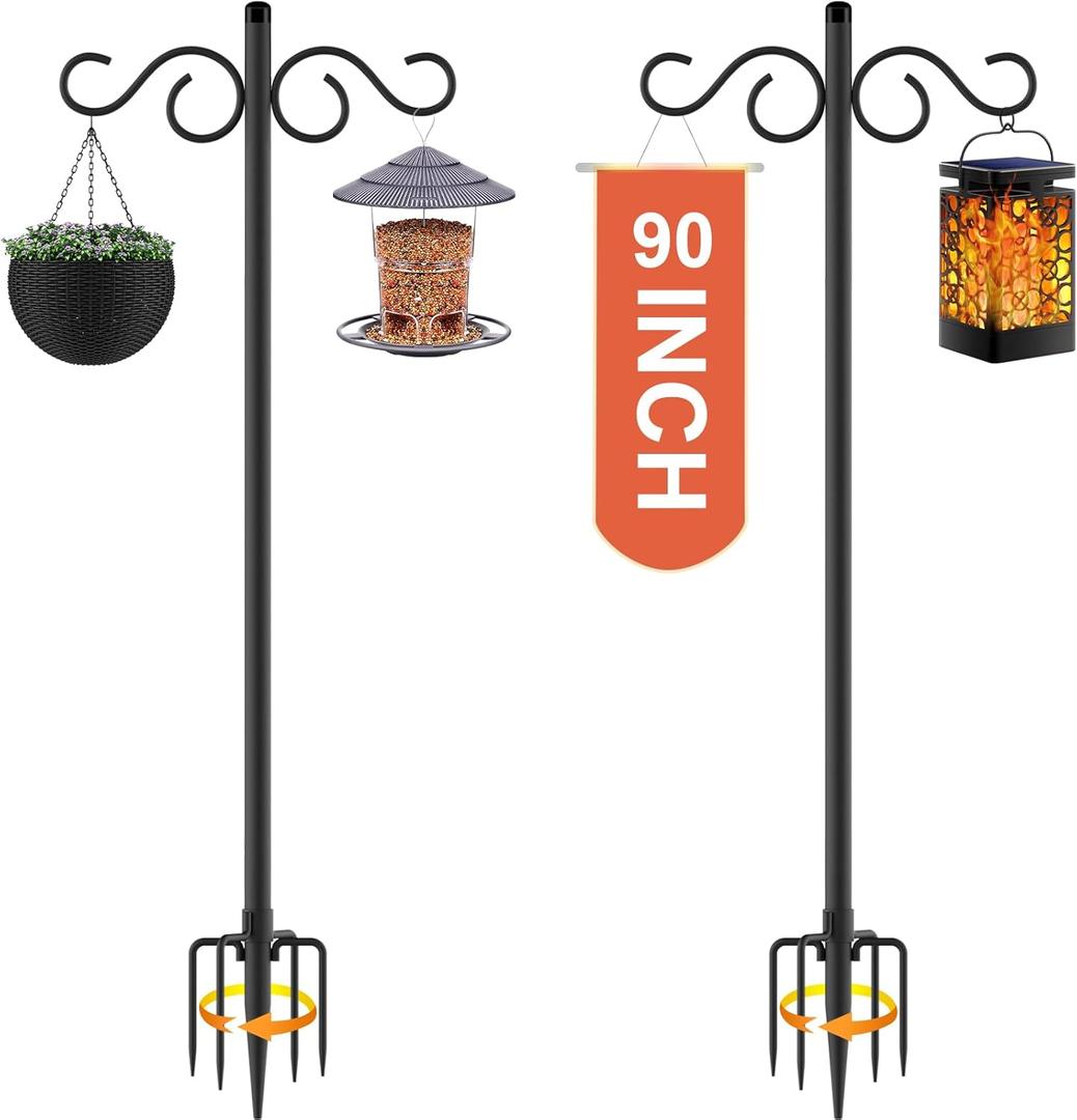 Double Shepherds Hooks for Outdoor, 2 Pack 90 Inch Bird Feeder Pole with 5 Prongs Base, Heavy Duty Shepherds Hook, Suitable for Garden in Hanging Flower Basket, Lantern, Bird Nests (90 Inch)