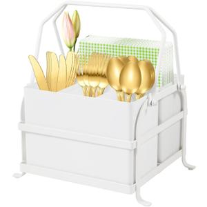 Silverware Caddy Utensil Holder With Handle, Outdoor Silverware Holder Picnic Caddy and Camping Utensil Organizer, Flatware Holder for Party Gatherings, Metal - White