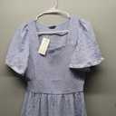 Glamaker Women's Short Sleeve Smocked Square Neck A Line Summer Flowy Midi Dress Light Blue Medium