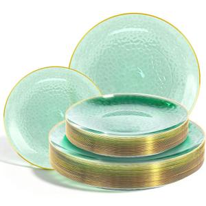 Lullaby 60pcs Green Plastic Plates with Gold Rim, Includes 30pcs Dinner Plate 10'' and 30pcs Clear Dessert Plate 7.5'', Green Disposable Plastic Plates for Parties, Birthdays and Wedding