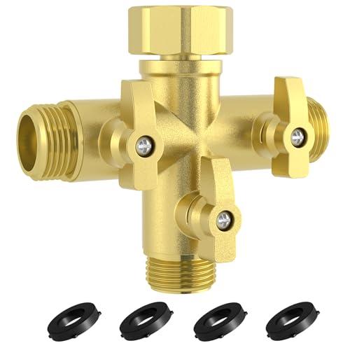 YANWOO Heavy Duty Metal 3 Way + Type Garden Hose Splitter with Shut-Off Valves, 3/4" High Flow Spigot Faucet Connectors with 1 Extra Silicone Washer