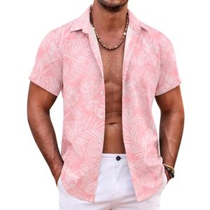 COOFANDY Mens Hawaiian Shirt Short Sleeve Button Down Shirts Tropical Summer Beach Shirts Casual Floral Aloha Shirts (Medium, Pink Leaves)