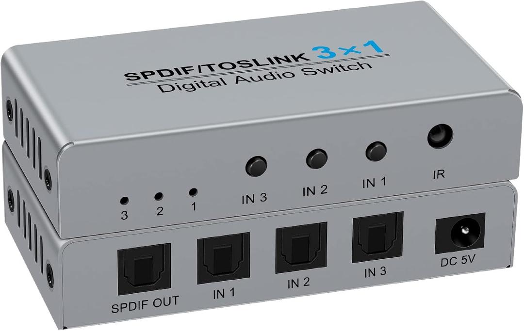 3 Port Digital Toslink Optical Fiber Audio Switch Splitter 3X1 (3 in 1 Out),3 Port Spdif Toslink Optical Switch for TV PS5 PS4 PS3 Xbox Blue-Ray DVD HDTV with Optical Cable