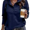 SHEWIN Womens Sweatshirt Casual Long Sleeve Lightweight Sweatshirts Loose Button V Neck Pullover Tops Fall Clothes for Women 2025,US 4-6(S),Navy Blue