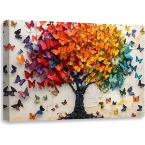 2D No Texture Tree of Life Canvas Wall Art Colorful Butterfly Wall Decor, Cute Butterfly Picture for Wall Living Room Bathroom Bedroom Home Decoration 12*18 in (Stretched Canvas on A Wooden Frame)