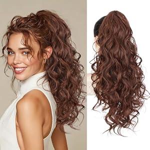 QGZ 20" Wavy Ponytail Extension, Claw Clip Ponytail Hair Extension, Natural Synthetic Hairpiece for Women Daily Use(Auburn)