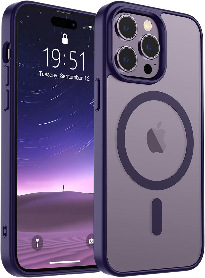 SUPFINE Magnetic for iPhone 14 Pro Case (Compatible with MagSafe) (Military Grade Drop Protection) Translucent Matte Shockproof Phone Case, Dark Purple