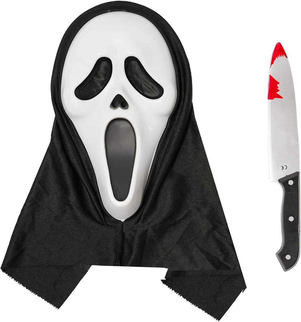 Geamiki Scary Halloween Costume Prop Ghost Mask with Plastic Knife, Horror Cosplay Accessory for Adults and Kids