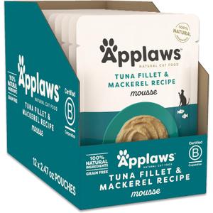 Applaws Natural Wet Cat Food in Mousse, Limited and Natural Ingredients, Grain-Free, High Protein with No Artificial Additives, Tuna Fillet & Mackerel (12 x 2.47oz Pouches)
