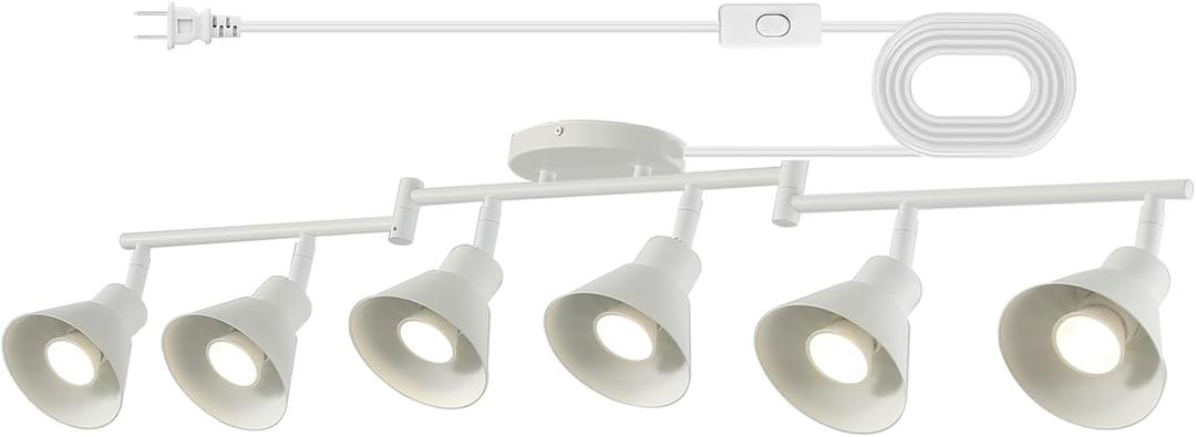 6 Light Plug in Track Lighting Kit,Modern Plug in Ceiling Light Fixture,16.4ft Cord,6 Way Ceiling Spot Lighting,Flexibly Rotatable Light Head (White)