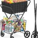 2-Tier Extra Large Collapsible Grocery Cart On Wheels, 400lbs Shopping Cart for Groceries with 2 Removable Baskets, Waterproof Liner, Heavy Duty Foldable Shopping Utility Cart for Seniors
