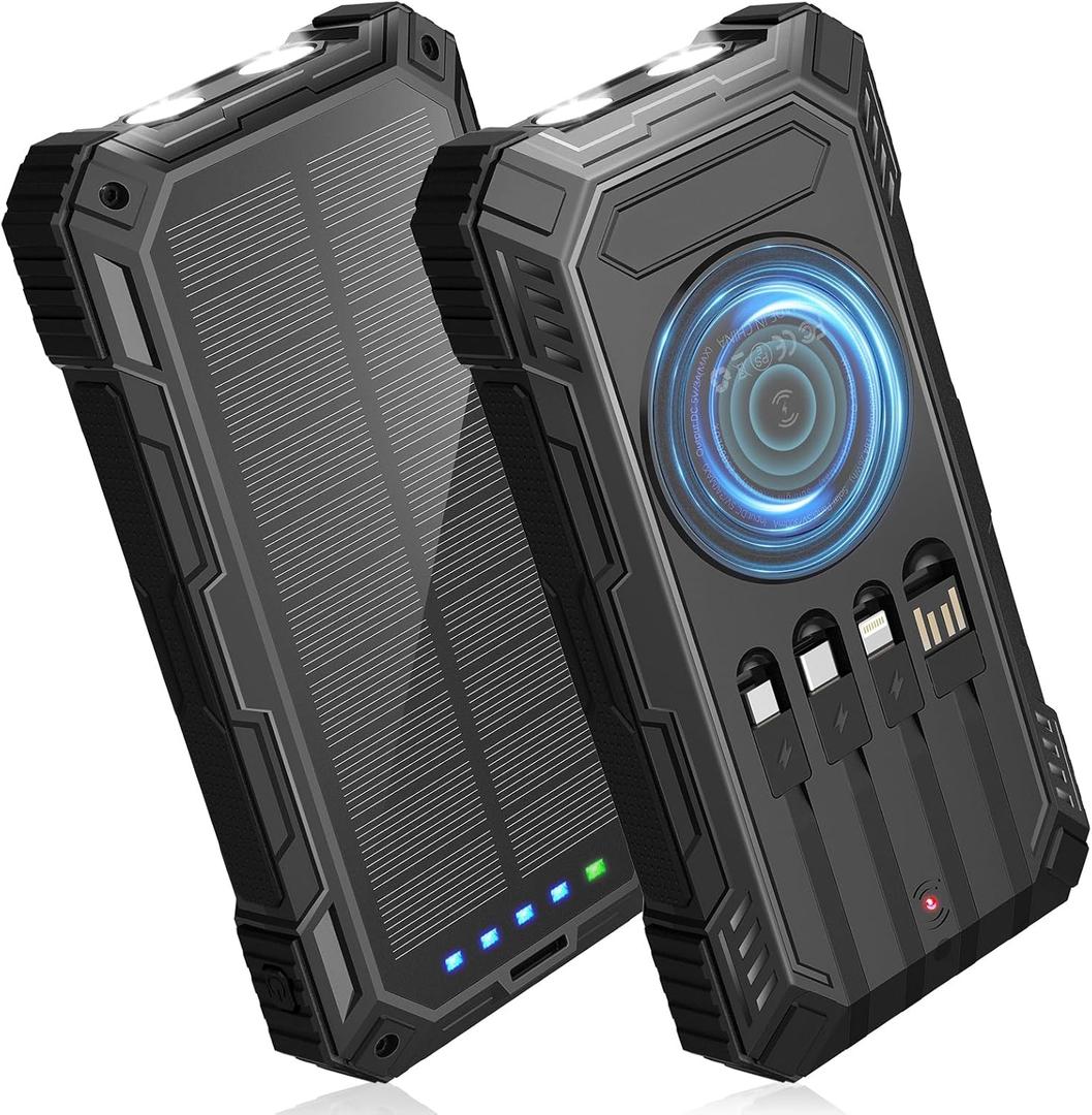 Solar Charger 49800mAh Power Bank - Wireless Portable Phone Charger with 4 Built-in Cables, 22.5W Fast Charging Battery Pack, USB-C Input/Output for All Cell Phones, including iPhone, Galaxy, Android, etc. (Black)