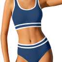 Girls Swimsuit Double Strap High Waist Sporty Bikini Swimsuits Swim Cover Up Skirt 3 Piece Set (Blue) 15-16Y