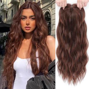 Rootoo Hair Toppers for Women, 20 Inch Toppers Hair pieces for Women with Thinning Hair Big Base Curly Wavy Wiglets Cover 360 3D Middle Part Clip in Bangs (Auburn Brown)