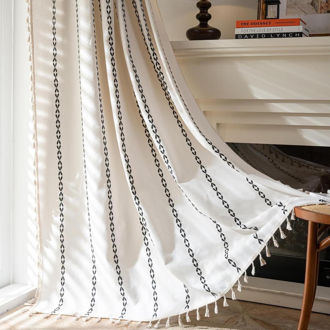 Sutuo Home Boho Curtains 84 Inches Long, White and Black Bohemian Drape for Bedroom Living Room, Light Filtering Country Semi Blackout Farmhouse Window Treatment Rod Pocket, 1 Panel W52 x L84