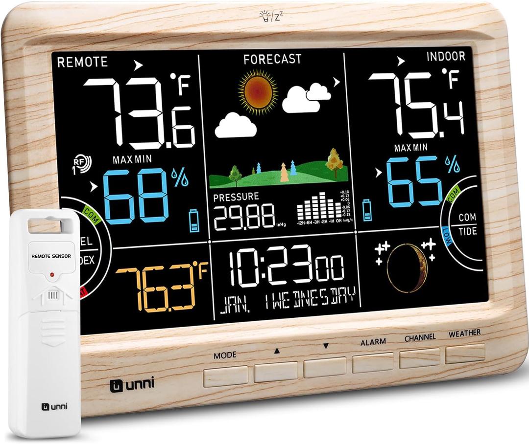 Weather Station Indoor Outdoor Thermometer Wireless, Home Atomic Clock with Large Constant Display, Inside Outside Temperature Humidity Monitor, Dew Heat Point, Barometer Wood