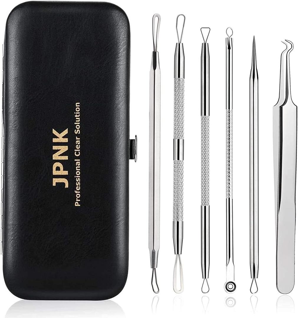 JPNK Blackhead Remover Tool Comedones Extractor Acne Removal Kit for Blemish, Whitehead Popping, 6 Pcs Zit Removing for Nose Face Tools with a Leather Bag (Silver)