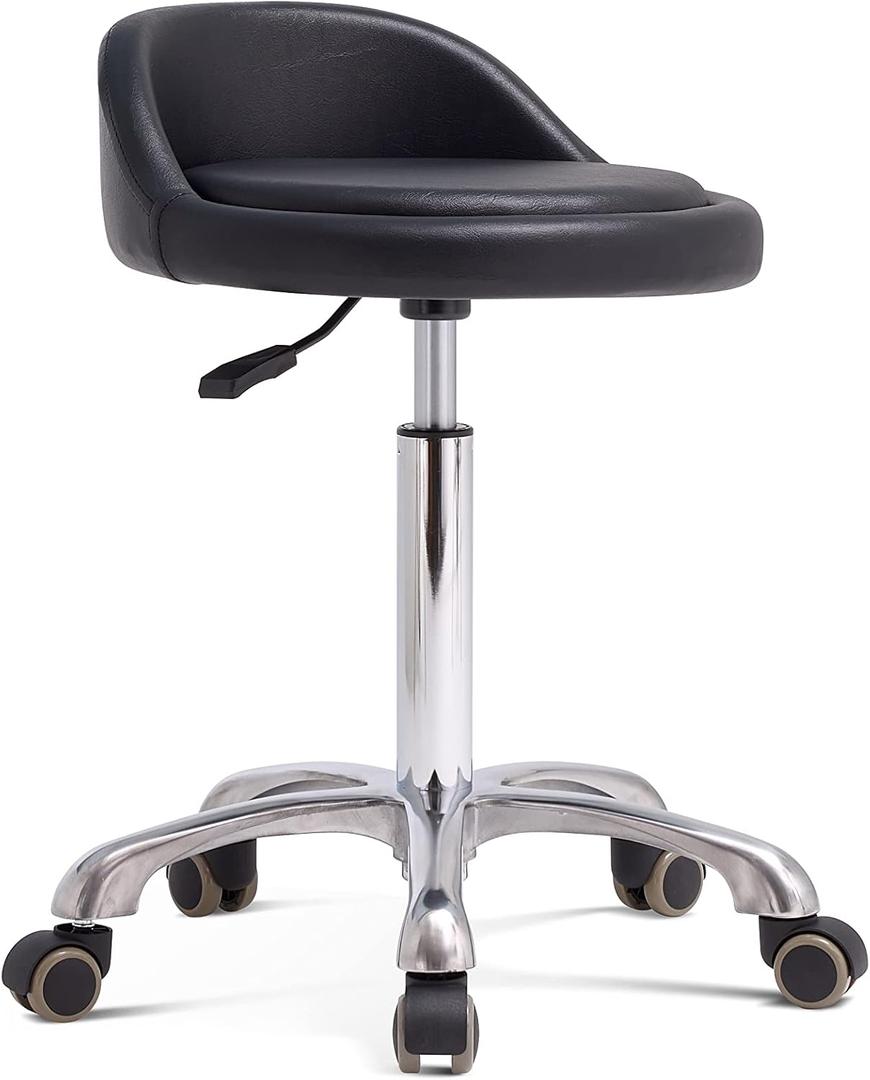 Grace & Grace Rolling Stool with Wheels and Back, Adjustable Heavy Duty Esthetician Chair Stool for Shop, Salon, Office and Home,Kitchen (Without Footrest, Black)