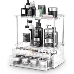 2-Tier 2-Drawer Bathroom Countertop Organizer : Large Multi-Purpose Makeup Vanity Organizer - Perfume & Skincare Storage Amber Clear