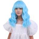 Sky Blue Wig with Bangs Short Light Blue Bob Wig Wavy Curly Wigs Synthetic Hair Wigs (Small Size)