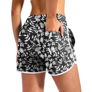 G Gradual 3" Women's Swim Shorts 3 Pockets High Waisted Board Shorts Tummy Control Swimsuit Bottoms with Liner Beach Water (Black Flower), 2XL
