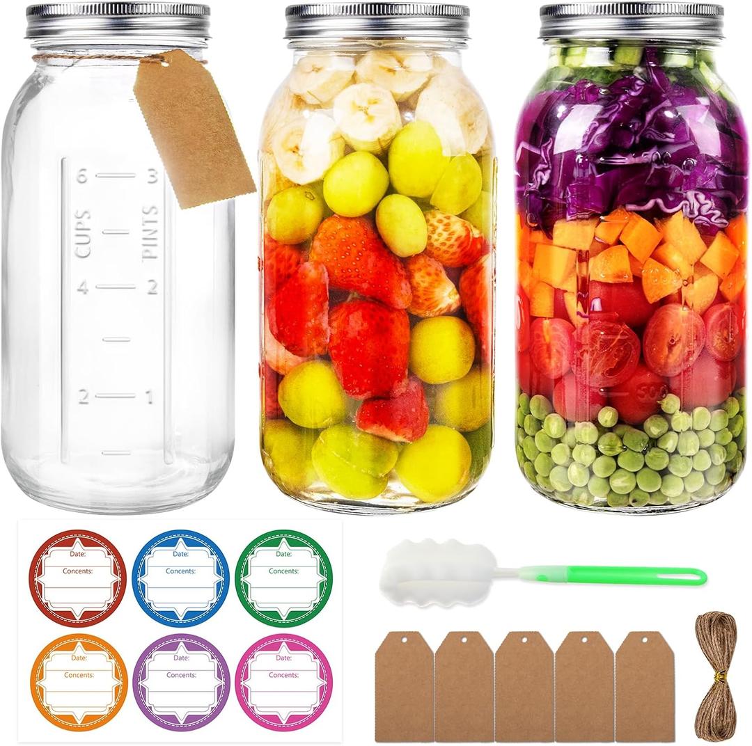 64 oz Mason Jars with Lids, 3 Pack Half Gallon Canning Jars | Wide Mouth Large Glass Jars with Lids and Bands for Pickling, Preserving, Meal Prep