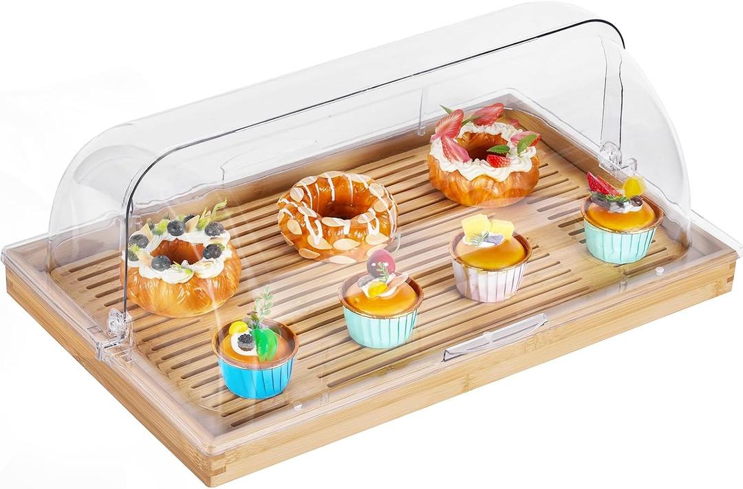Cookie Serving Tray with Lid Dessert Case Display with Bamboo Tray & Roll Top Food Clear Cover, 20.5x13x6in Rectangle Cake Stand for Bakery, Bread Shop, Kitchen, Birthday, Wedding, Buffet