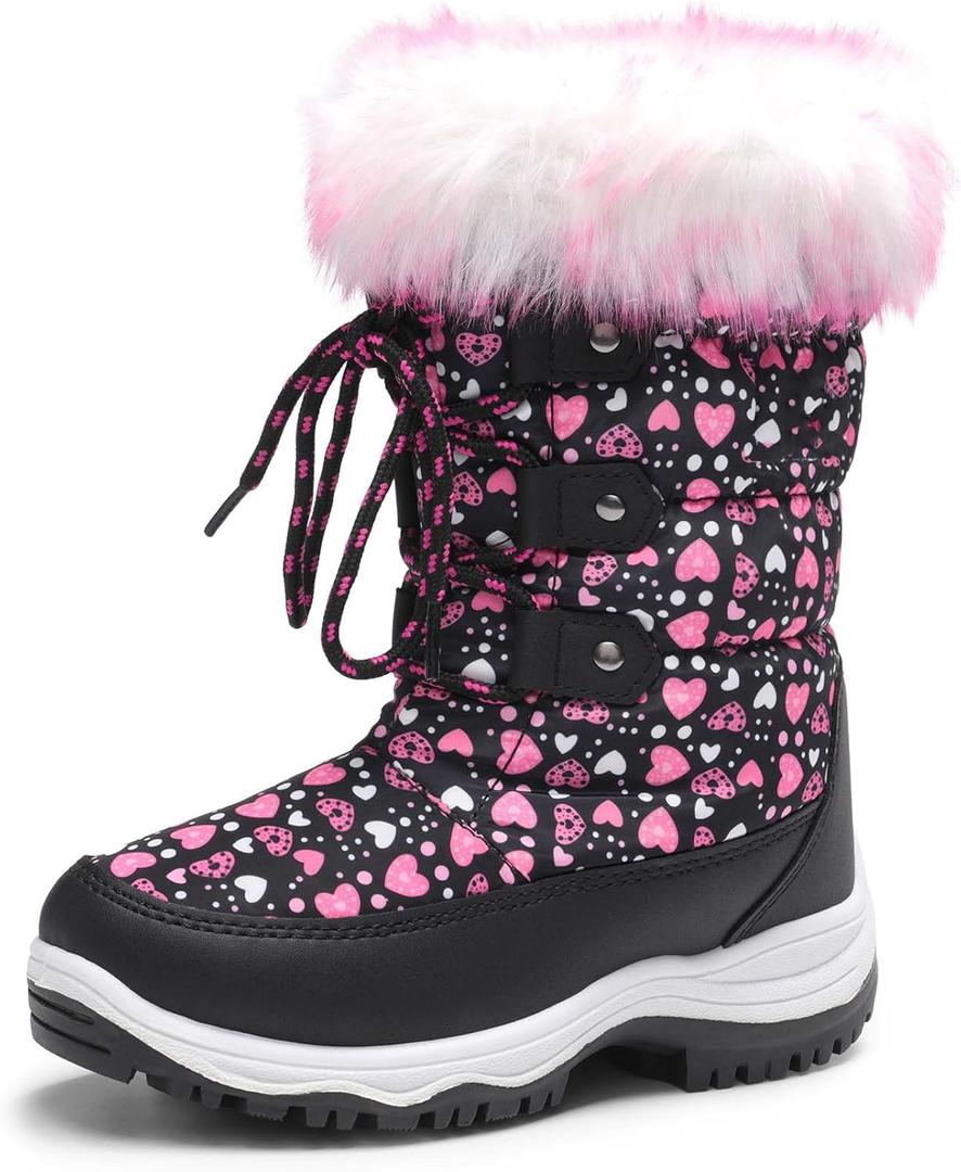 DREAM PAIRS Girls Snow Boots Warm Cozy Anti-Slip Lightweight Mid Calf Faux Fur Lining Winter Shoes for Little/Big Kids (Black/Pink)