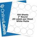 OnlineLabels 2" Round Labels Permanent Adhesive, White Matte for Jar Lids, Product Packaging, & Favors for Inkjet & Laser Printers Pack of 2,000 Labels, 100 Sheets OL5375WX